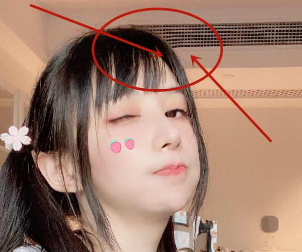 如图所示,蔡萝莉正在对着镜子拍照,明显看到她头部后方的排气孔竟是