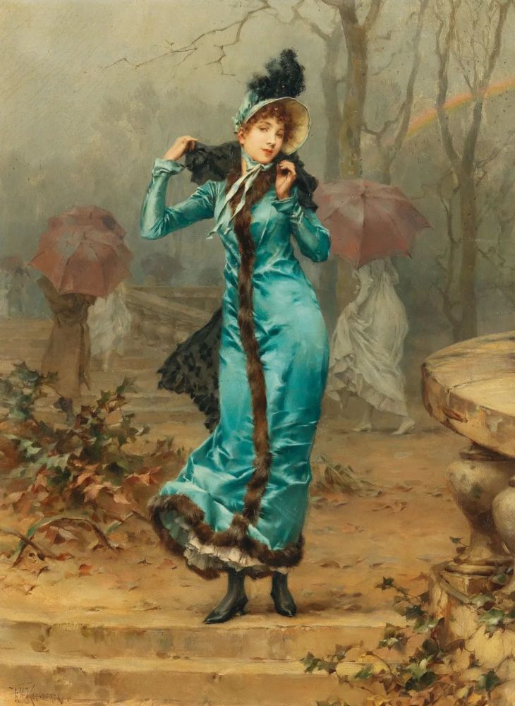 法式浪漫风格油画,衣服质感,人物神态表现得相当好!