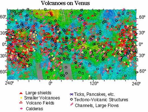 图注:探测器发现的金星上上百座火山分布位置