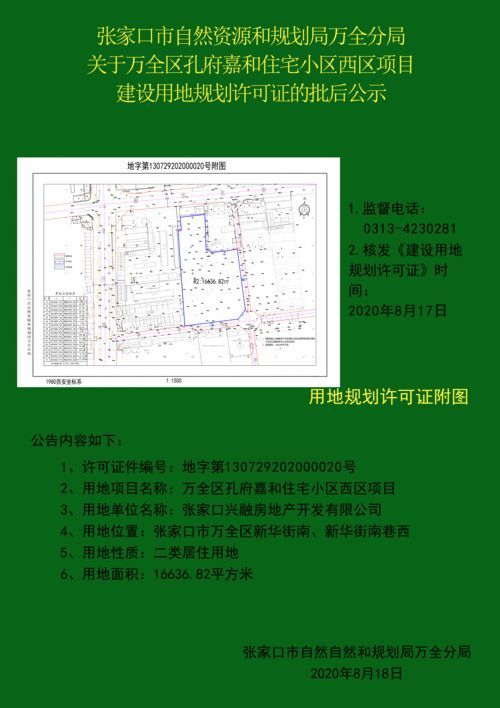 萬全區孔府嘉和住宅小區東區項目建設用地規劃許可證的批後公示張家口