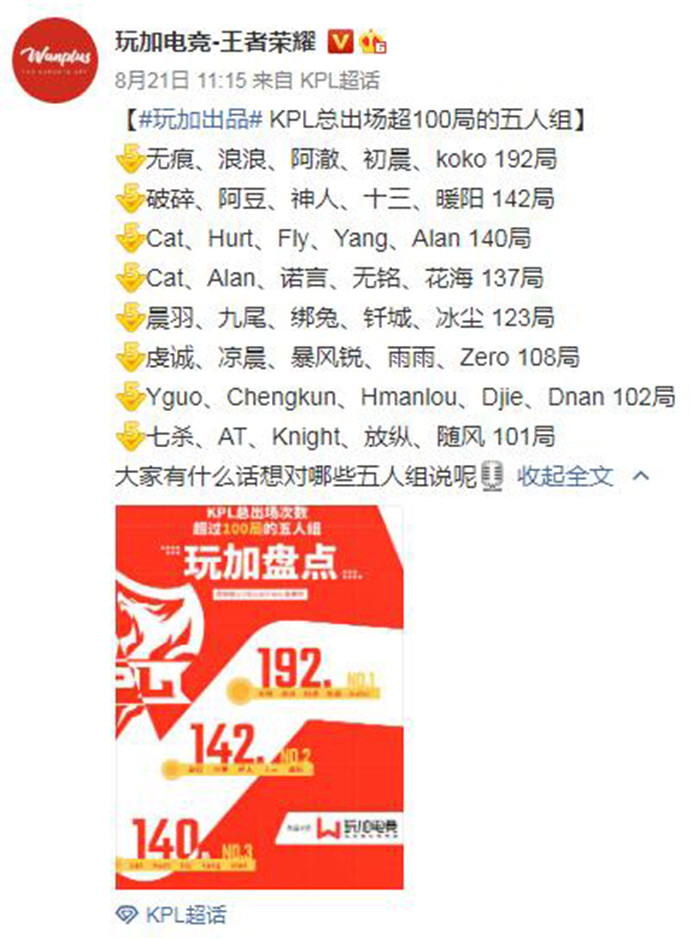 了解一下KPL那些总出场超100局的五人组