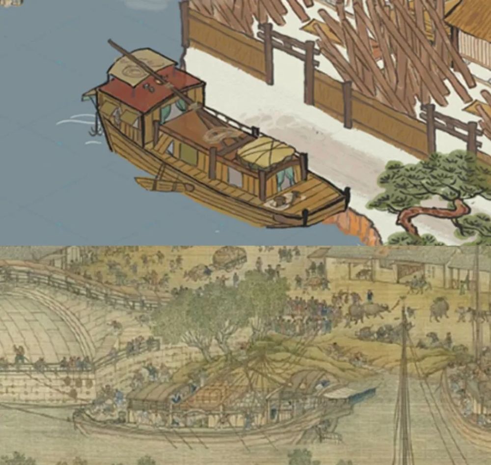 水路运输少不了 船,游戏中的船出自清院本《清明上河图》.