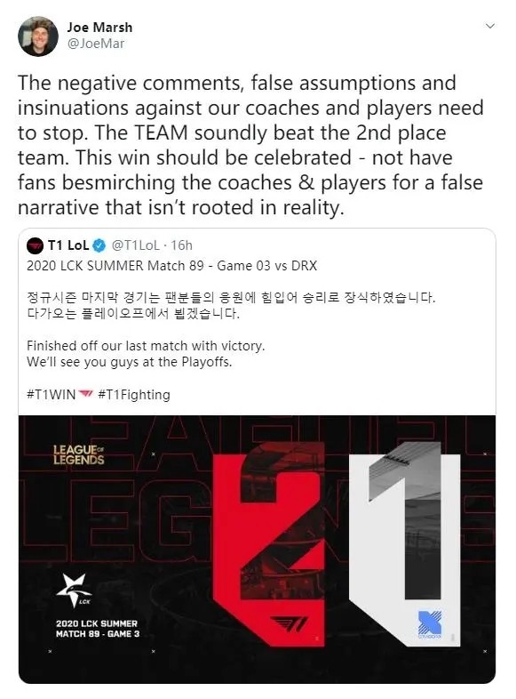 t1老板推特发文我们没有演faker不要污蔑教练和选手