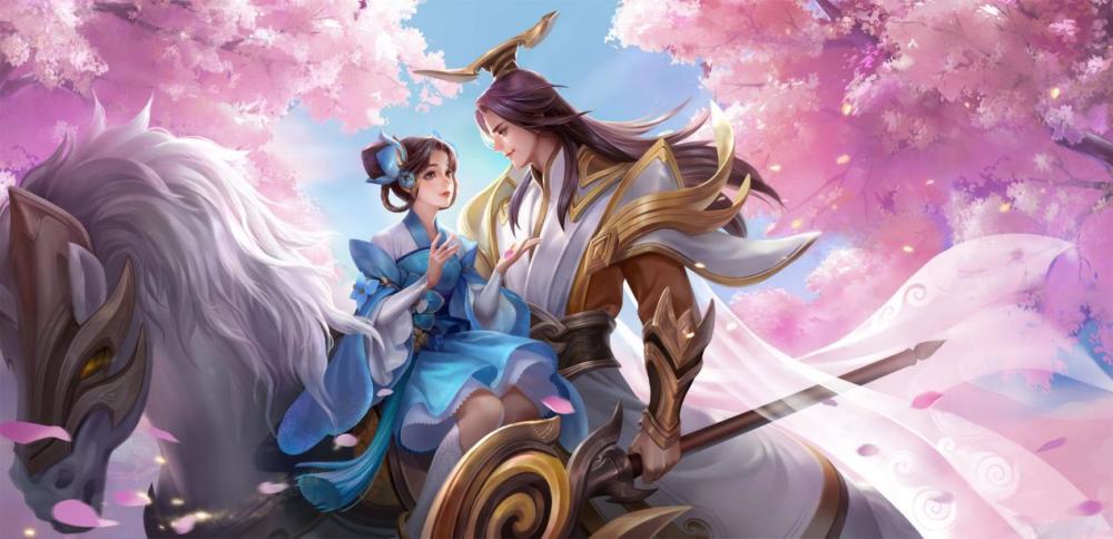 而且皮肤的设计风格是典型的国风,白马王子 粉红色的桃林作为背景,就