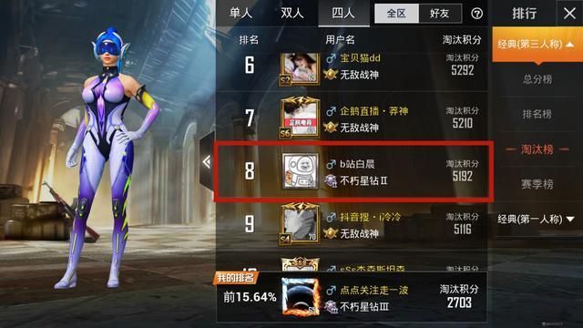 不朽星钻玩家登陆个人淘汰榜榜单第8个人战绩真的很秀