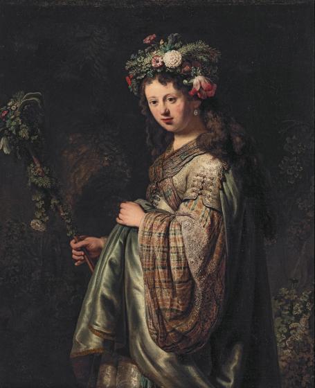 画家伦勃朗在这幅油画中将新婚妻子描绘成古代罗马女神弗洛拉,这是