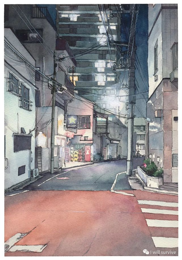 tokyo at night 系列水彩插画描绘东京的夜街