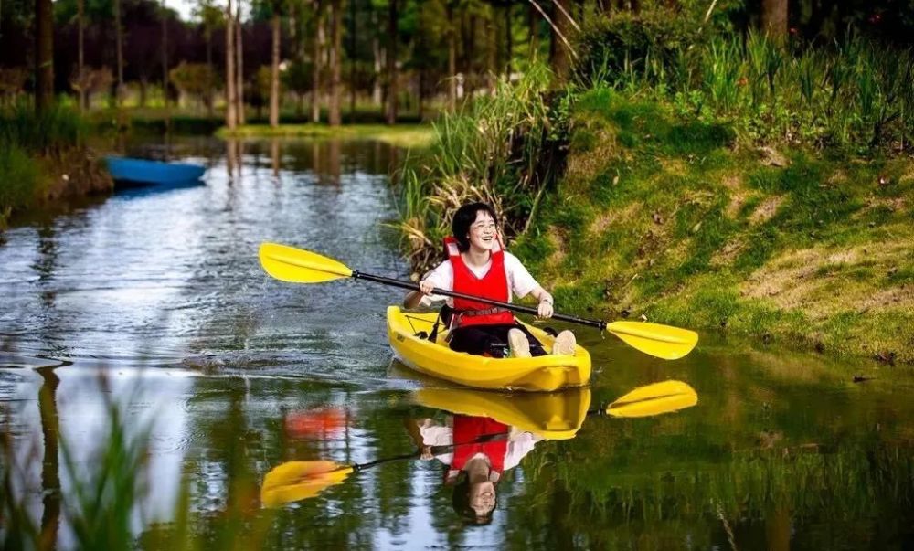 " 粉黛乱子草场旁 五颜六色的小木舟停泊在溪流上 这里可以划船戏水