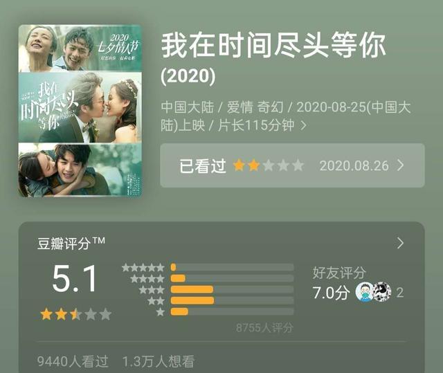 我在时间尽头等你|《我在时间尽头等你》：评分5.1分，票房2.9亿，这差距有点大
