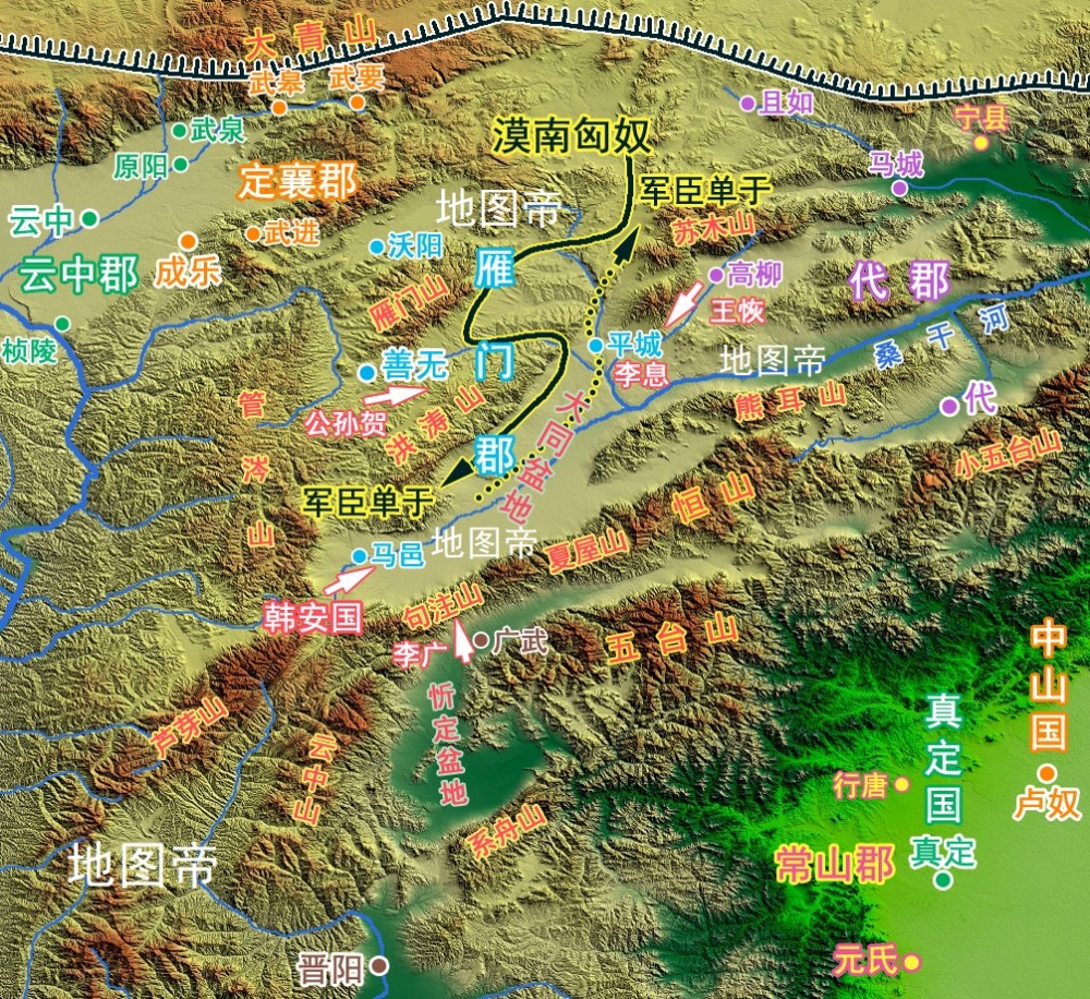 马邑位于大同盆地南部,是雁门郡重镇,越过句注山就进入太原郡了.