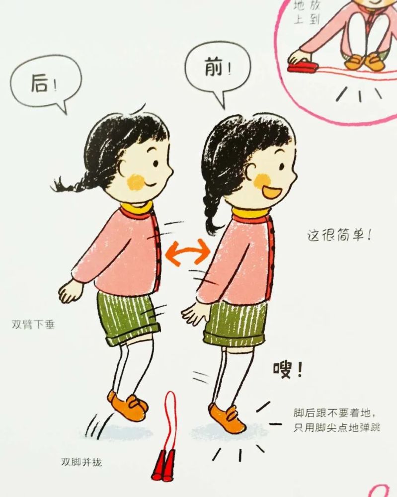 双脚跳:把跳绳对折放到地上,双臂自然下垂,双脚并拢,不用跳的太高