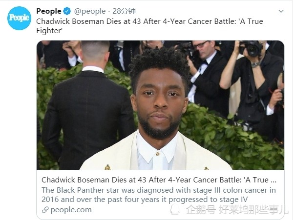 查德维克·博斯曼|查德维克·博斯曼拍《黑豹》时已确诊癌症 去世前刚跟女友完婚