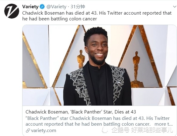 查德维克·博斯曼|查德维克·博斯曼拍《黑豹》时已确诊癌症 去世前刚跟女友完婚