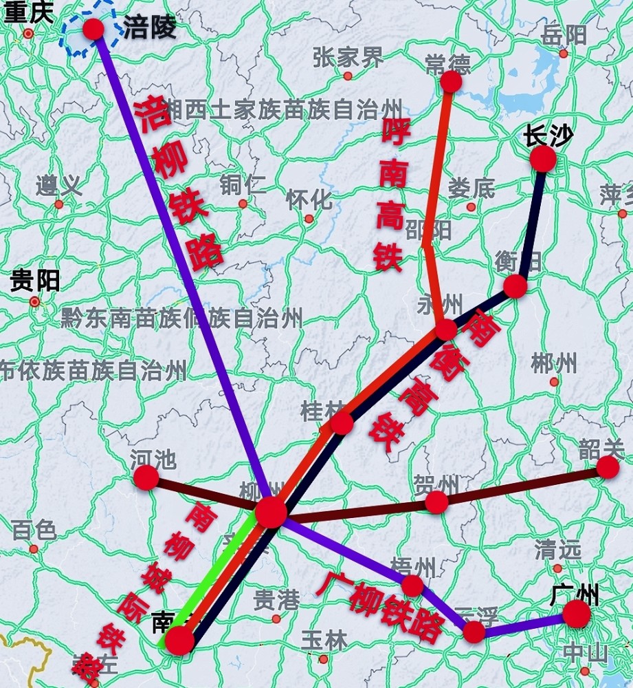 还规划建设客货两用的重庆涪陵至柳州铁路,柳州至广州等铁路,这其中的