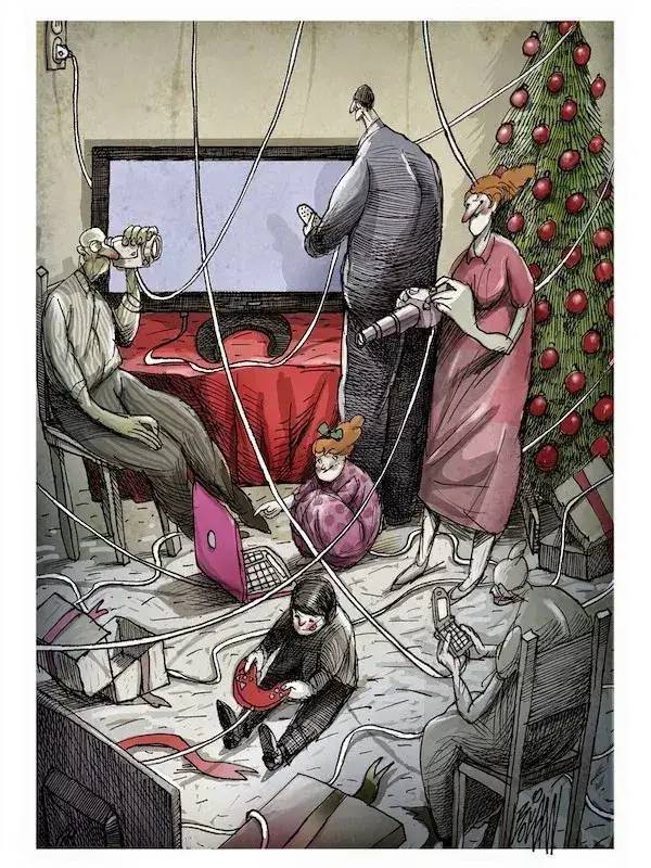 玻利根通过他的画作描绘了一个被消费主义,愚昧和不良教育所压垮的