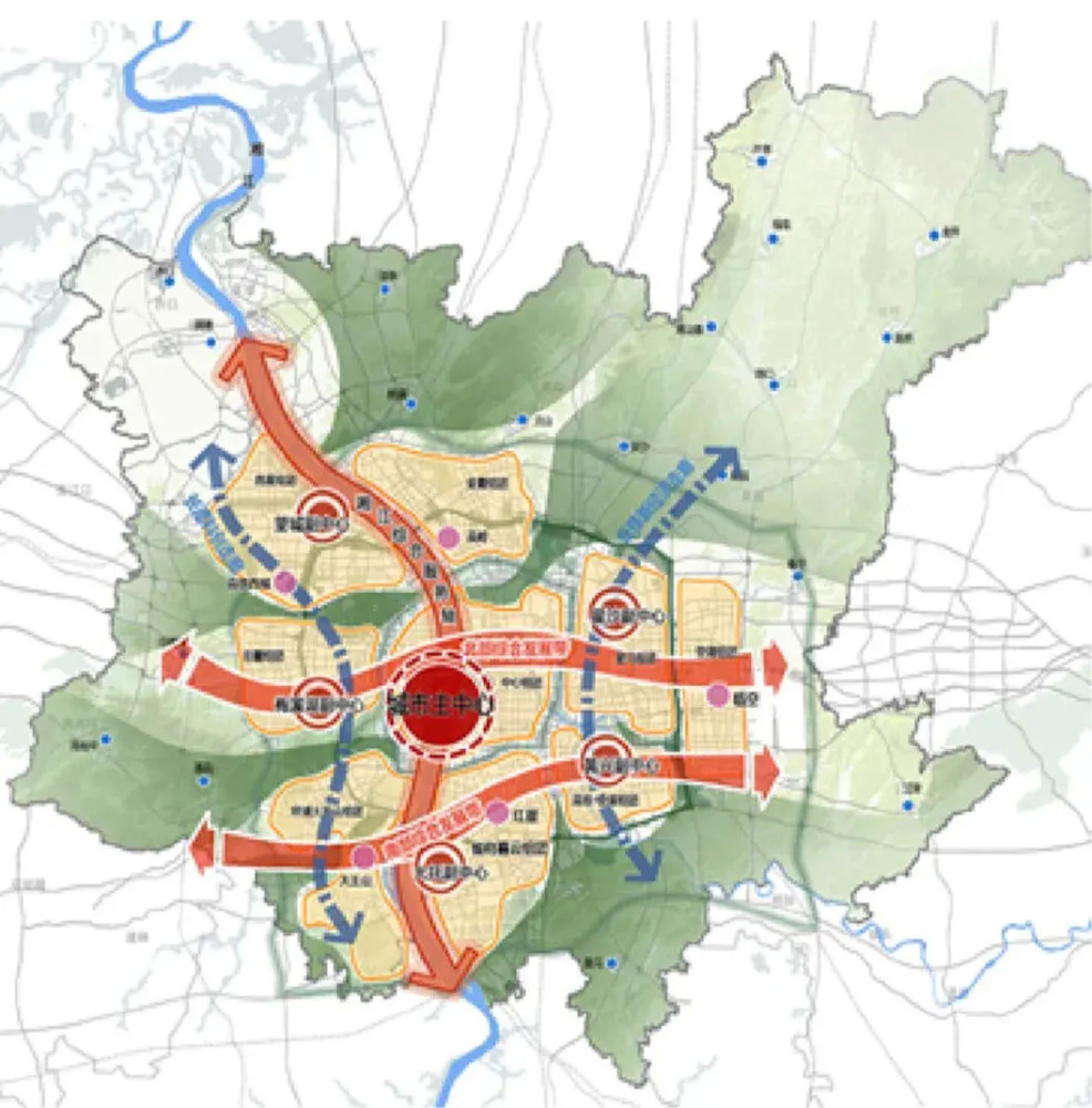 一主:城市主中心 两副:梅溪湖,黄兴 多中心:4个组团中心 4个专业中心