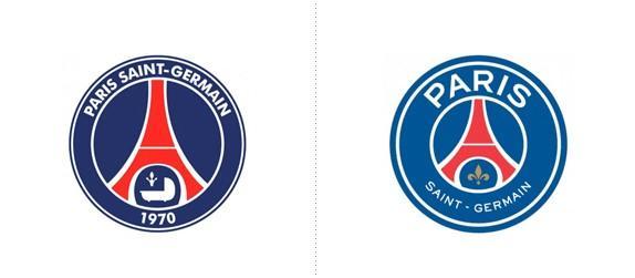 修改前后的队徽,新队徽铁塔下是法国国花鸢尾花,历史上是王室和宗教