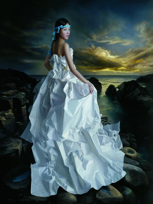 画家|画家用纸做婚纱，给模特穿上画出惊艳“婚纱照”，一幅卖出502万