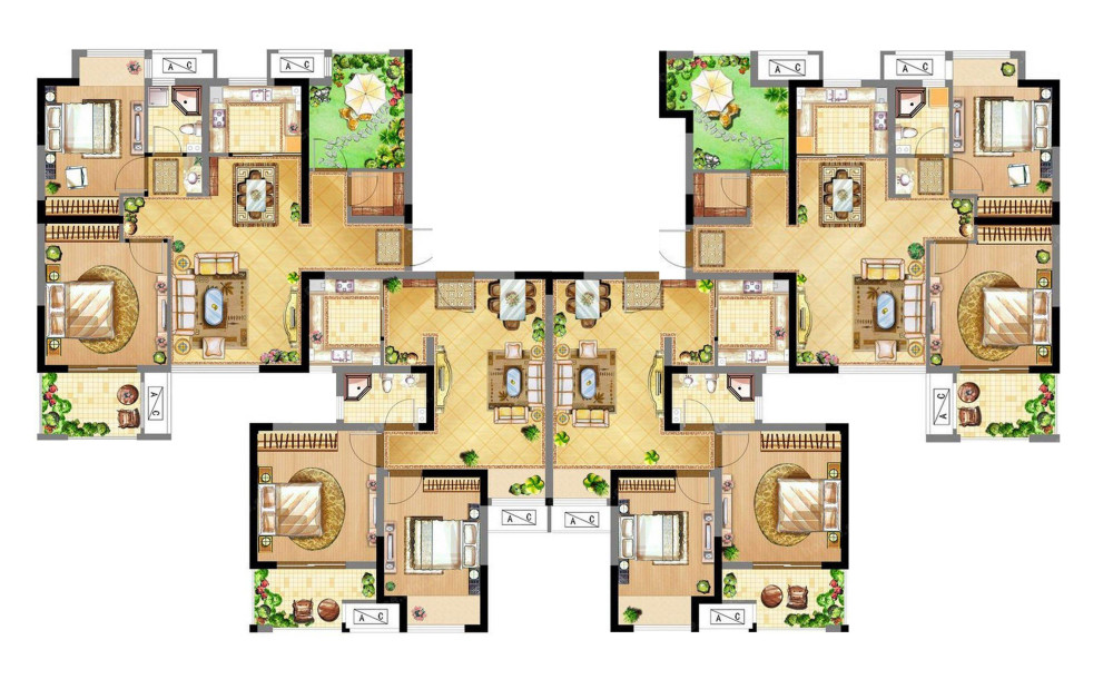 传统的两梯四户布局,假设这些户型都是南北朝向,但我们可以发现,真正