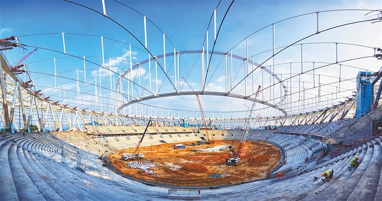 上环索高度达到46米,下环索高度达到29米,标志着体育场钢结构,索结构