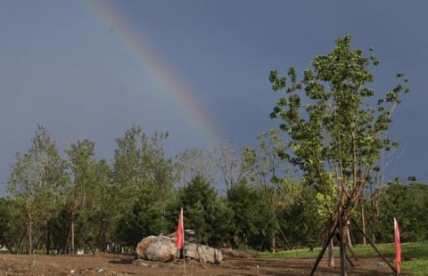 吊车|吊车吊起双彩虹