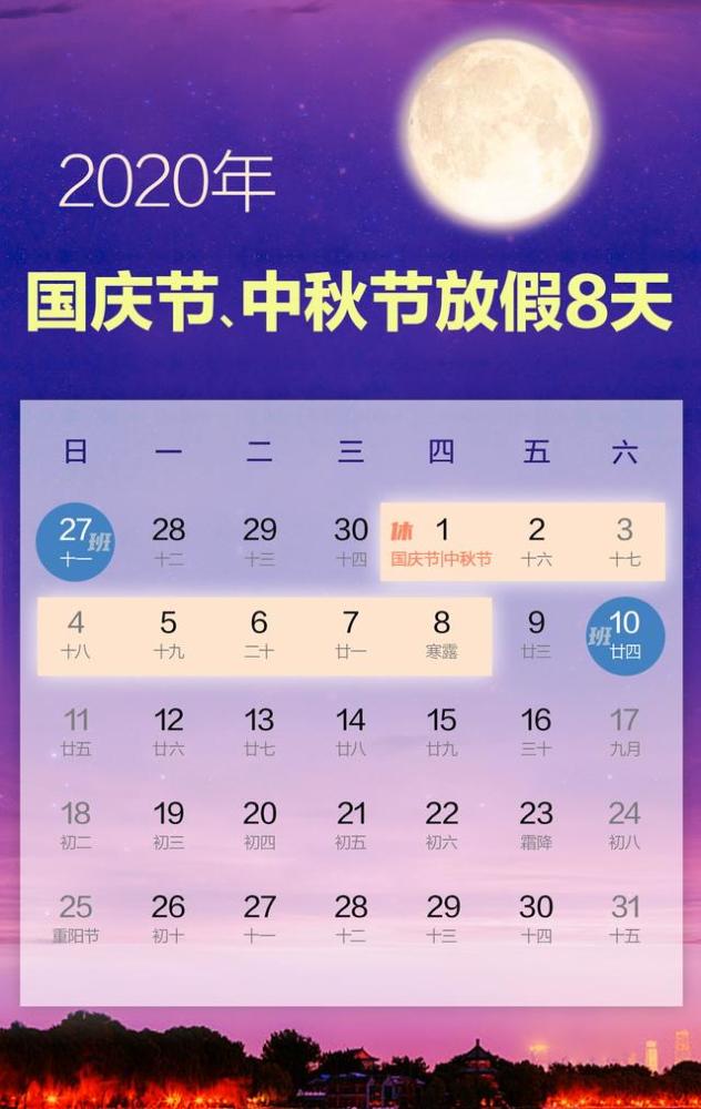 2020年国庆节中秋节放假安排新鲜出炉：连休8天！国庆节中秋节加班工资怎么算？