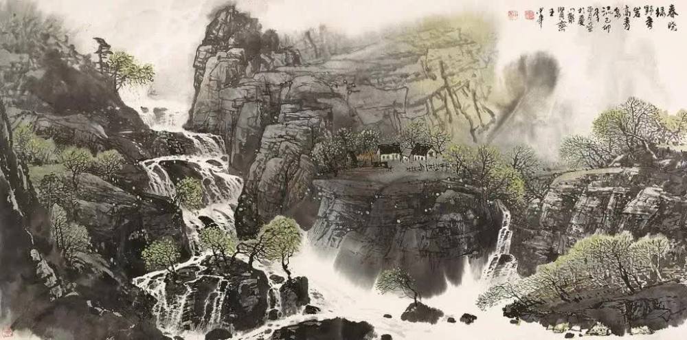 1994年 136x68cm《山乡雨后》1998年 96x58cm穿越巫山别有天太行颂雪