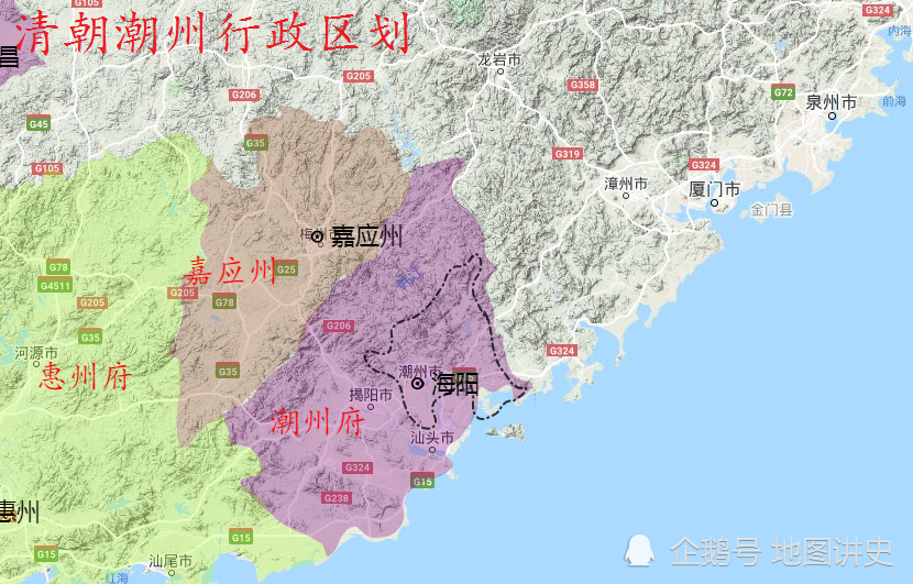 清朝时置嘉应州,潮州管辖剩下九县,分别为海阳,揭阳,潮阳,澄海,饶平