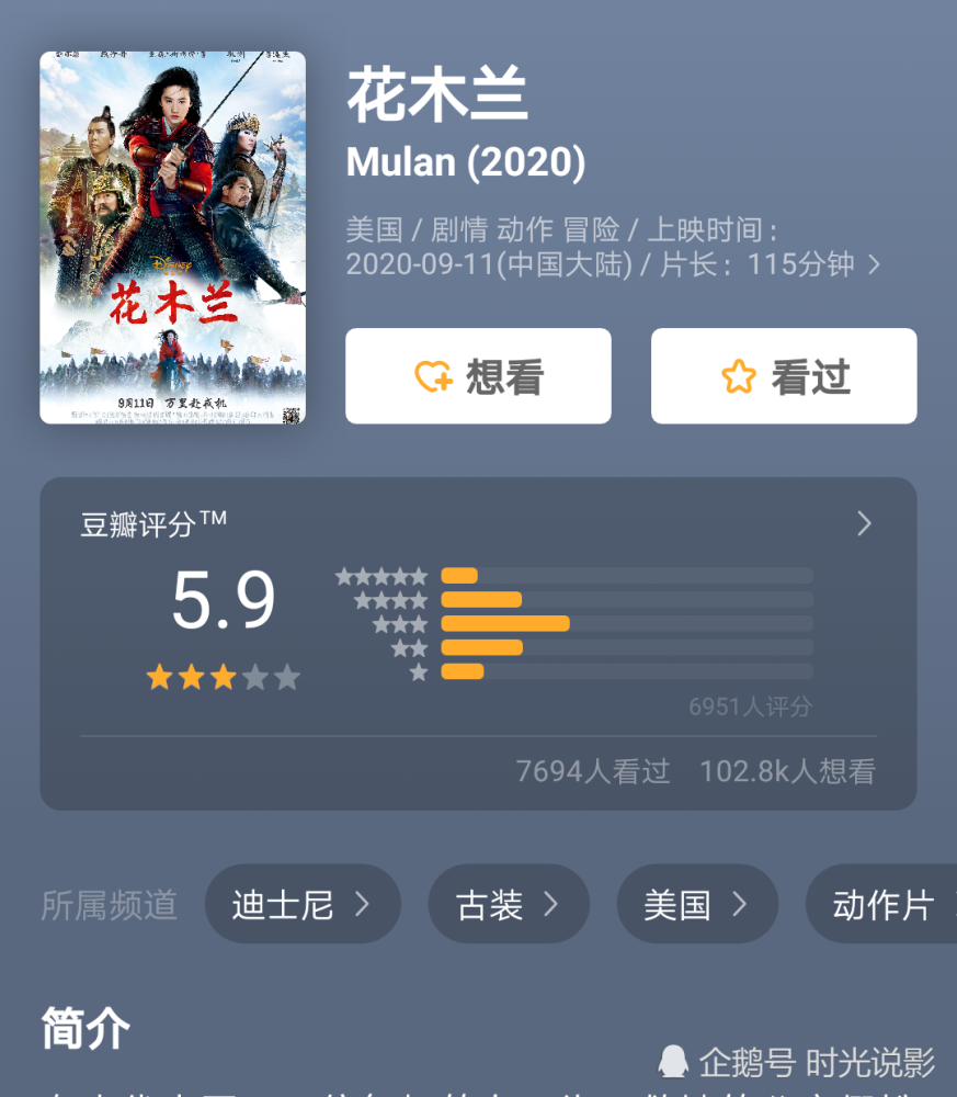 花木兰|《花木兰》口碑扑街，豆瓣评分低至5.9，刘亦菲的演技一如既往的烂