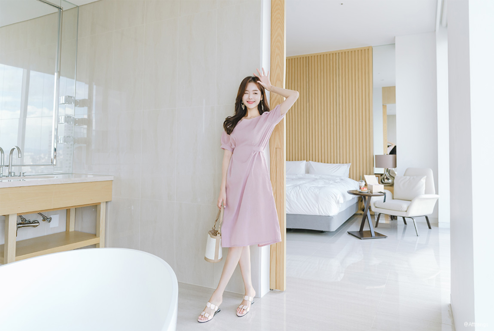 金信英淑女泡泡袖高腰长裙