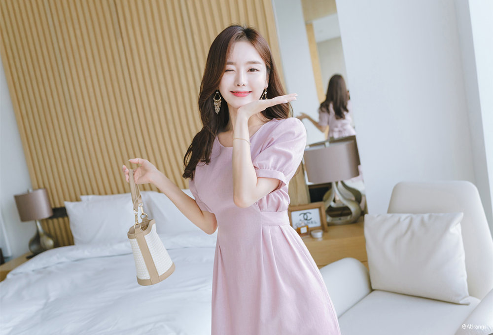 金信英淑女泡泡袖高腰长裙