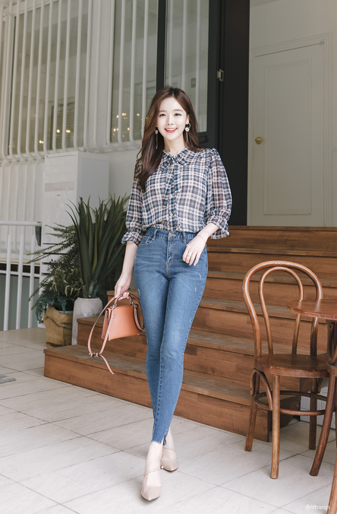 金信英苏格兰风格格子中袖衬衫甜度很高