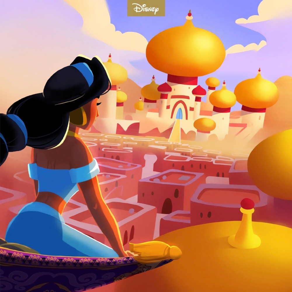 茉莉公主的背影同样也是那么迷人,她的长发随风飘起,坐在魔毯上的茉莉