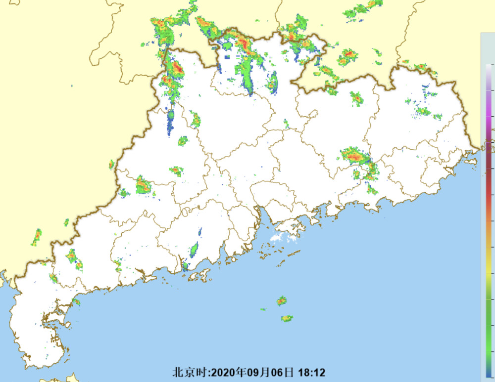 9月6日傍晚,广东地区不少地方出现局部降雨  广州市气象台官网雷达图