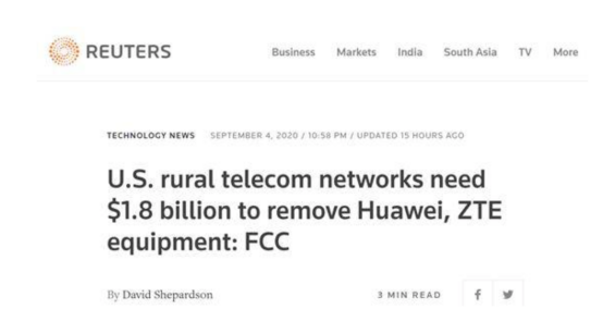 FCC催政府报销：拆除华为中兴通讯设备的费用为18亿美元
