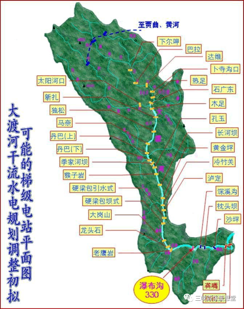 早期规划示意图来看看水电专家早期的美梦图吧,图上的大渡河诸多电站