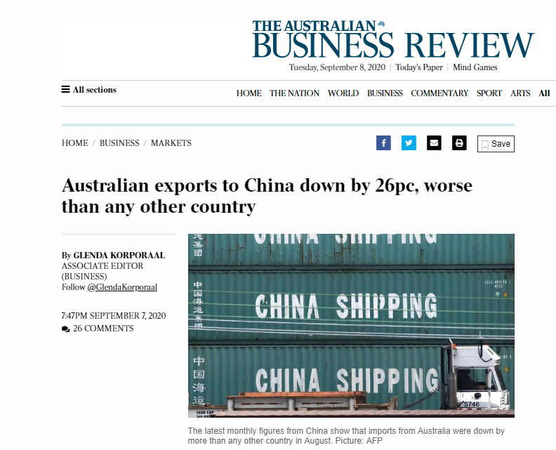 8月澳洲对华出口下滑26％