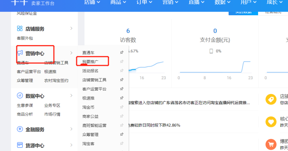 淘宝卖家的后台,找到"营销中心-我要推广,如下图所示:有的商家想要