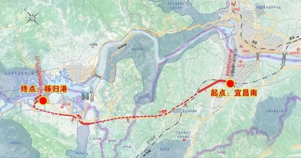 宜昌南站,在岩屋冲附近下穿宜万铁路,沿翻坝高速公路至秭归茅坪港区