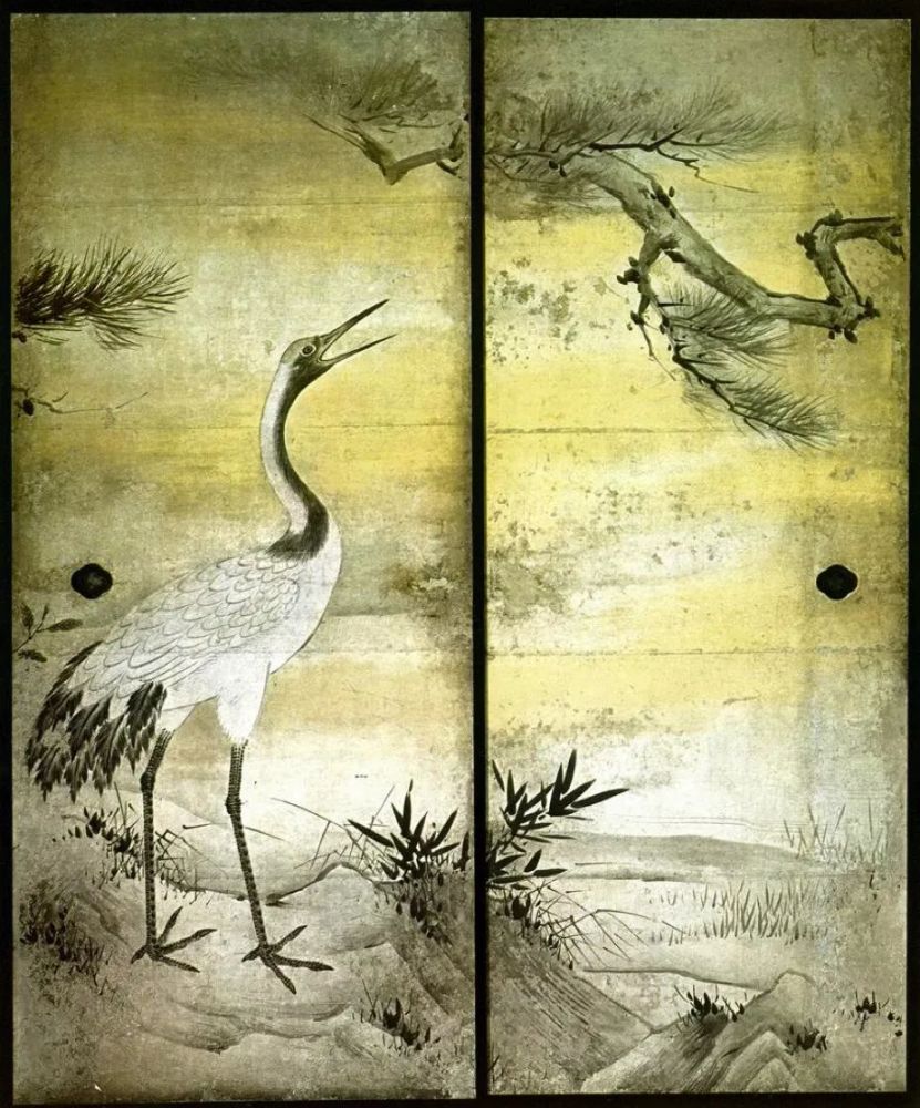 [日] 狩野永德《四季花鸟之松鹤图》袄绘,1566年,纸本金地设色,176