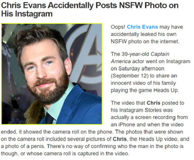 克里斯·埃文斯|“美国队长”埃文斯晒自拍意外曝光不雅照，迅速疯传登顶热搜第一