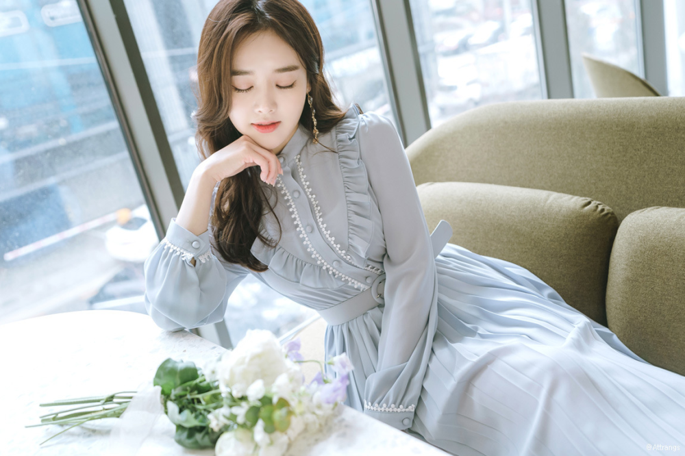 金信英-清新蓝色淑女百褶长裙,好仙!