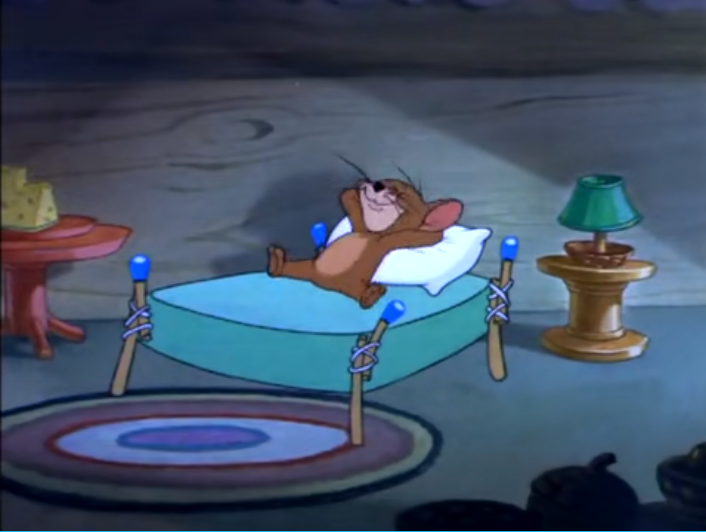 猫和老鼠汤姆躺在杰瑞的床上结果又把杰瑞的床给压塌了杰瑞白修了