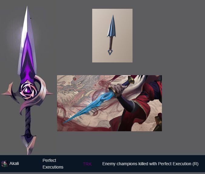 第三个紫色的应该是阿卡丽的苦无,这把武器的对照是阿卡丽的鬼舞姬.