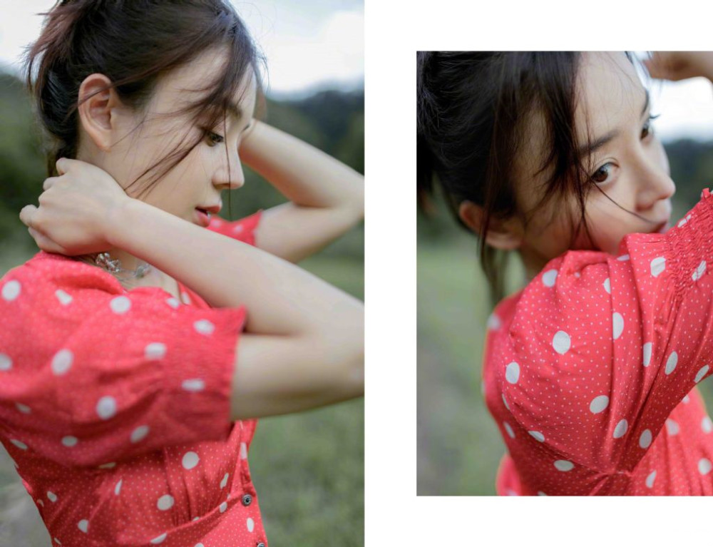 袁姗姗|袁姗姗野外写真美感十足，大长腿深V草莓味连衣裙侧颜超美似少女