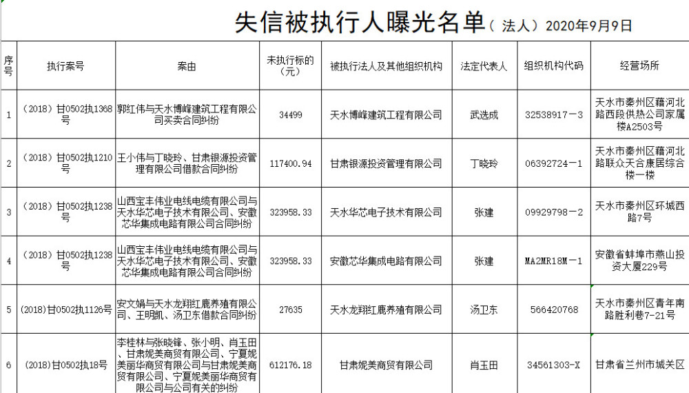 517人秦州區人民法院集中曝光失信被執行人名單