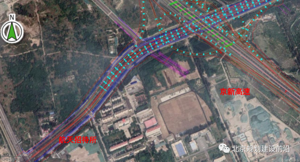 该段主路在航天招待所附近(k0 400附近)起桥,上跨京新高速,新建主路