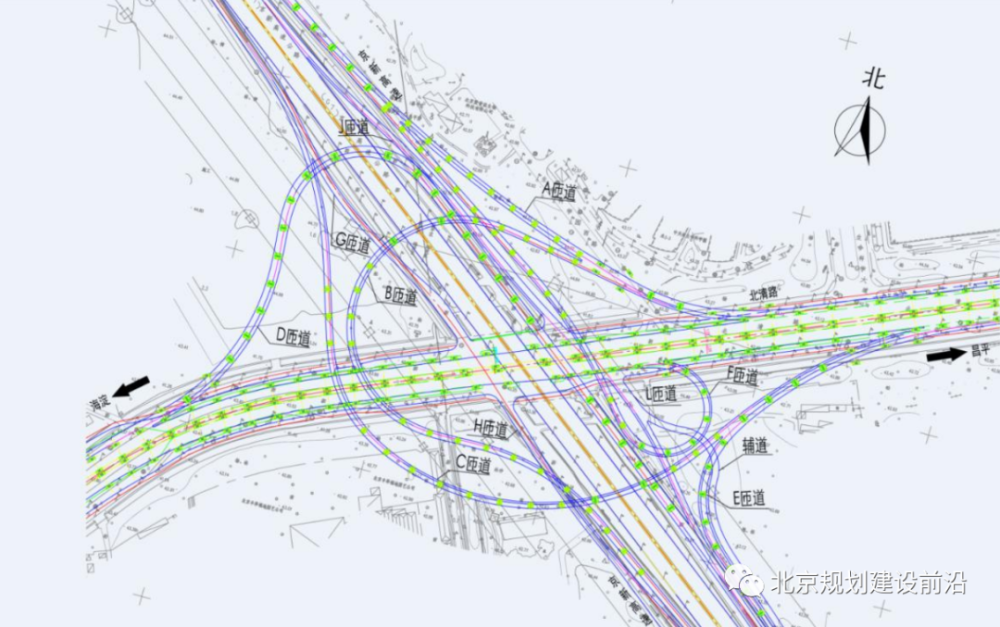 上跨京藏高速,回昌东路,地铁8号线后落至地平,与站前街设置分离式立交