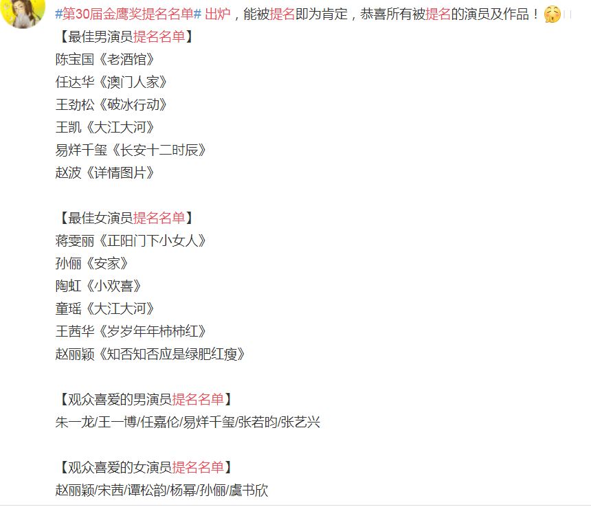 金鹰奖|第30届金鹰奖提名名单出炉：易烊千玺实至名归，赵丽颖孙俪并列