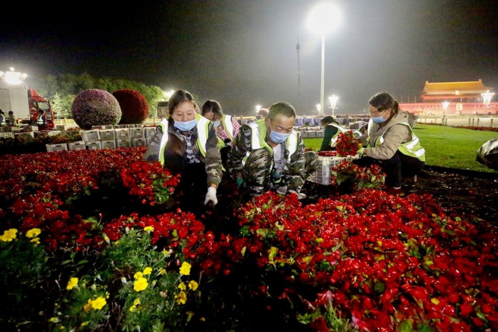 天安门广场|“祝福祖国”大花篮进场，今天凌晨天安门广场是这样